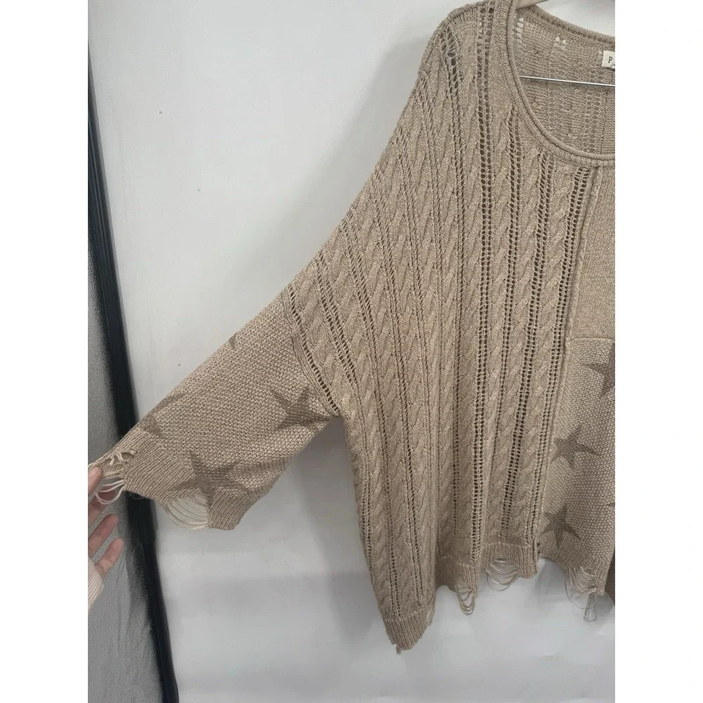 POL Knit Distressed Star Print Sweater Oversized Women S Brown Granolagirl Retro - Picture 7 of 7